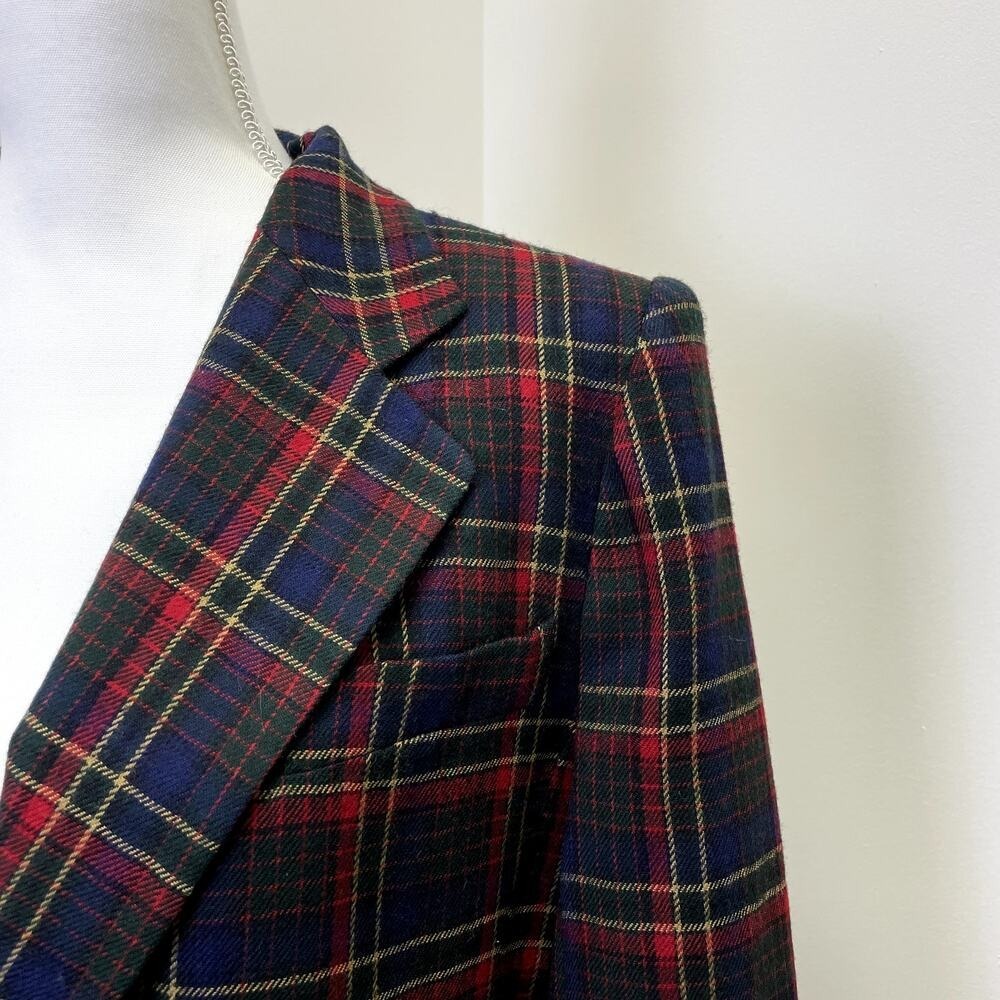 Lauren Ralph Lauren Plaid Worsted Wool Blazer Navy Red Green Size 12 Made in USA - Picture 3 of 16